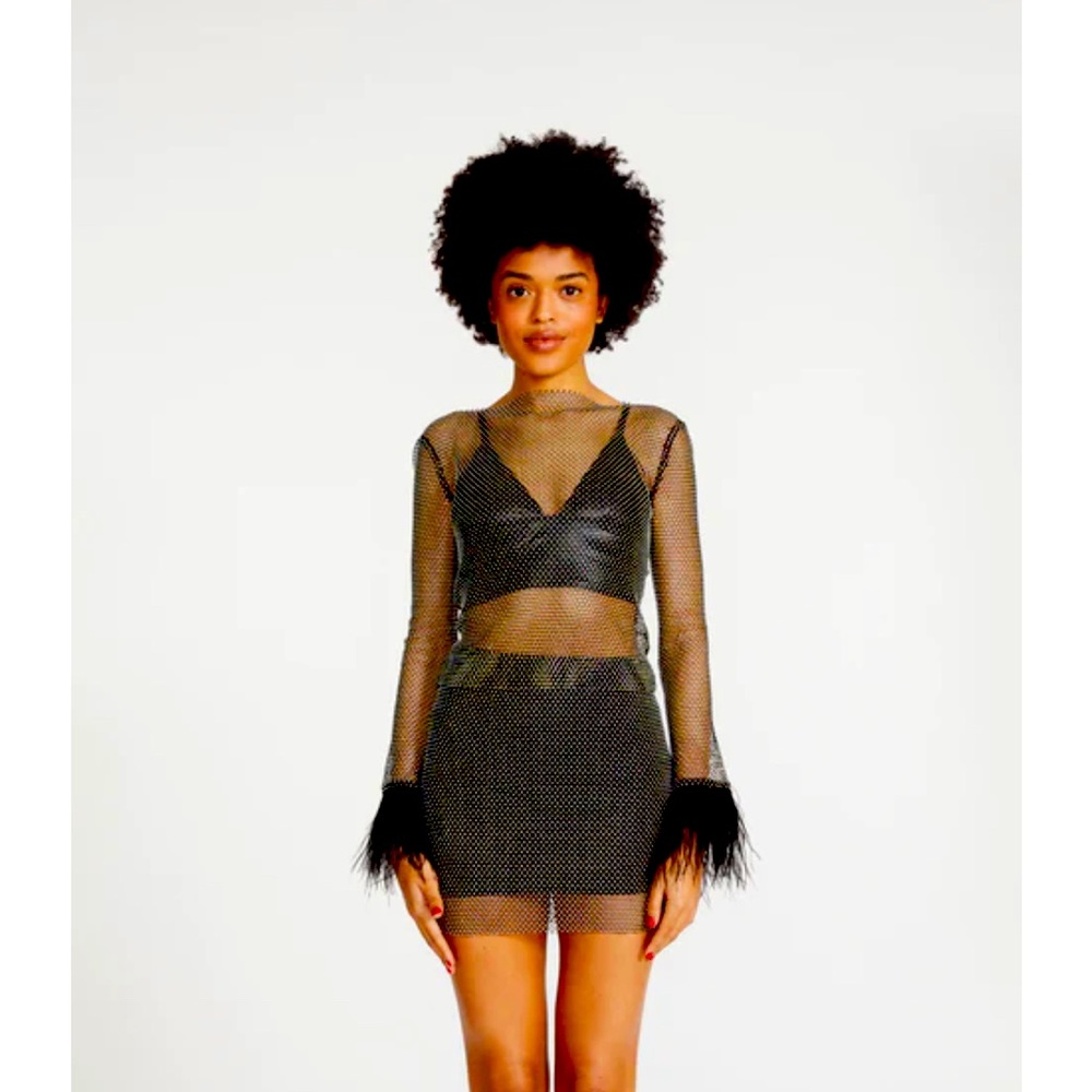Sparkle mesh top with feathers